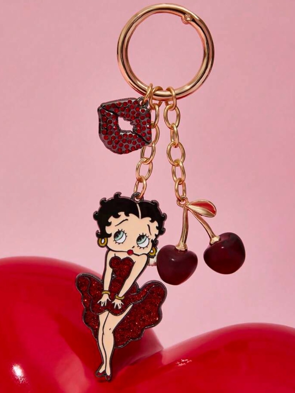 Betty Boop Metallic Red Glitter Cherry Charm Keychain NEW 🏷️